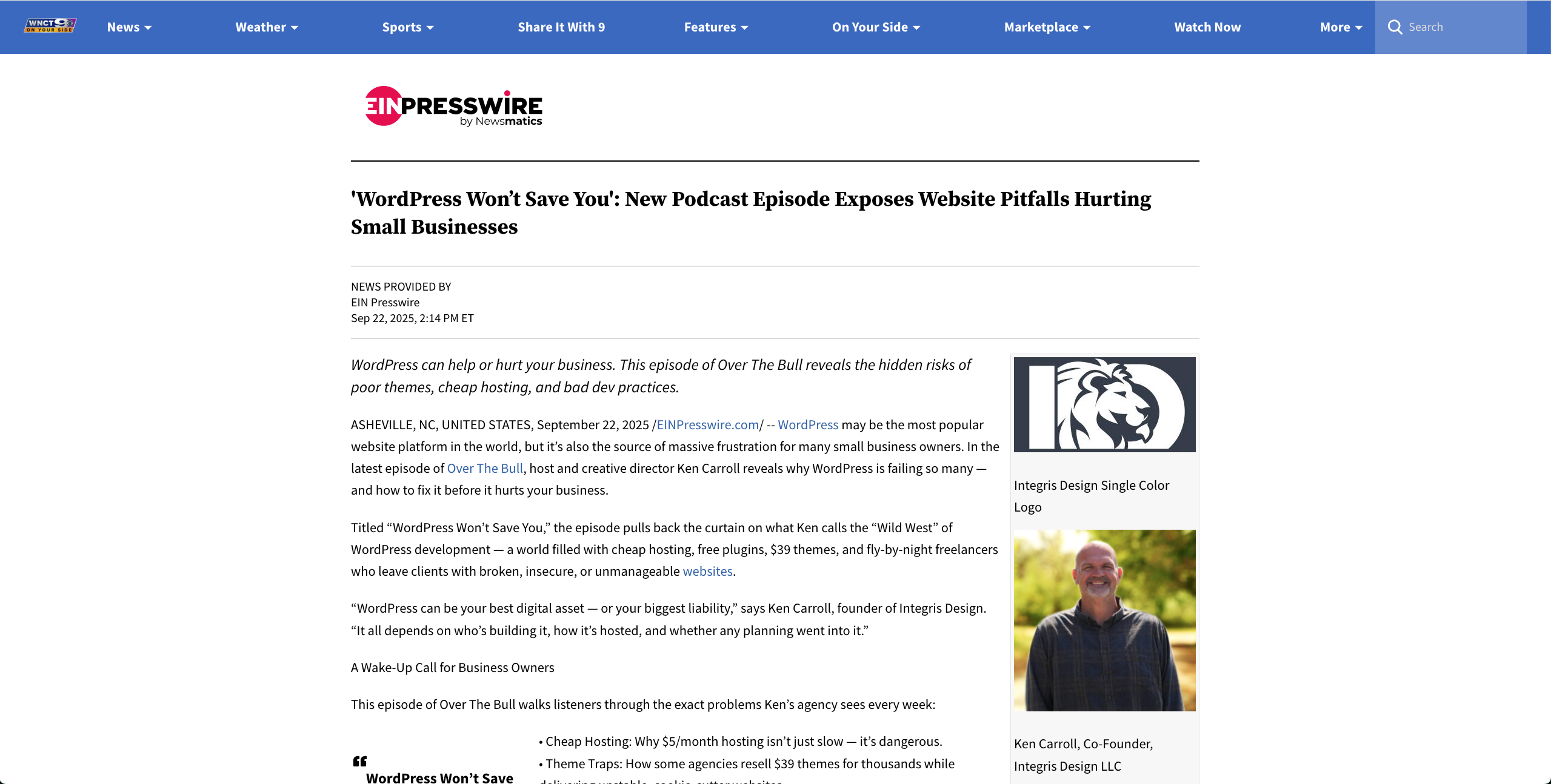 A news article on EIN Presswire titled ‘WordPress Won’t Save You’: New Podcast Episode Exposes Website Pitfalls Hurting Small Businesses, with text, a sidebar logo, and a podcast host image.