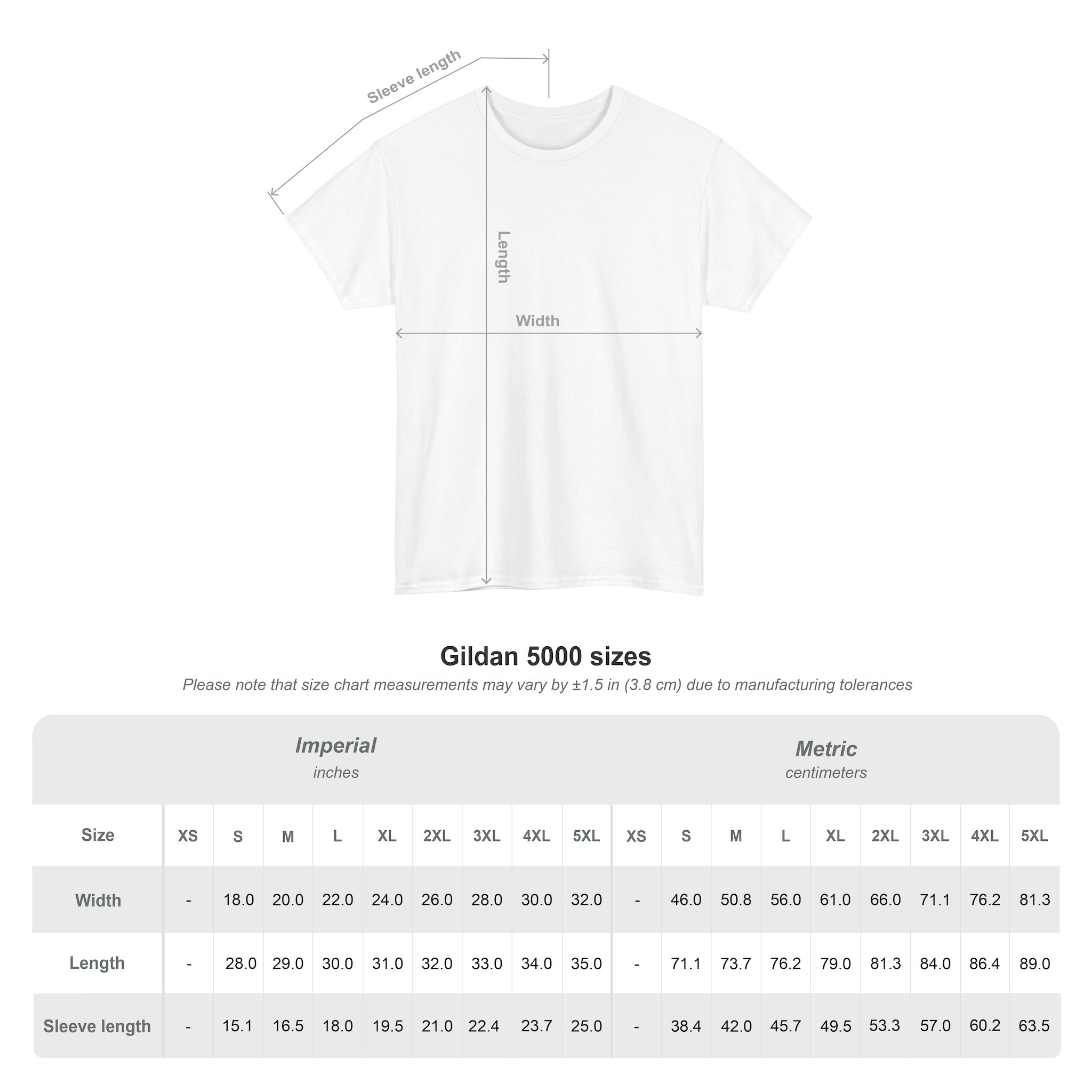 Diagram of a T-shirt showing length, width, and sleeve length, above a size chart for Kings Painting Co. Logo T‑Shirt (Classic) | Gildan Ultra Cotton (G5000) in inches and centimeters for sizes XS to 5XL, including measurements for width, length, and sleeve length.