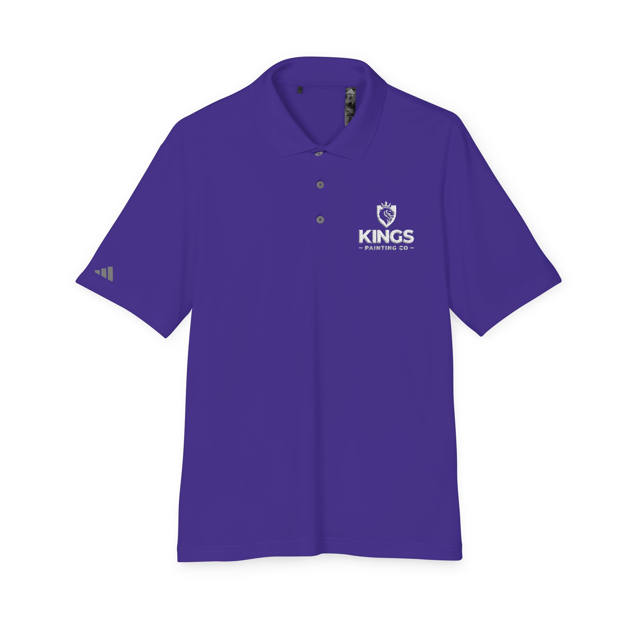 A Kings Painting Co. Performance Polo by Under Armour®, featuring a white KINGS PAINTING CO. logo on the left chest and a small gray emblem on the right sleeve, is displayed on a white background.